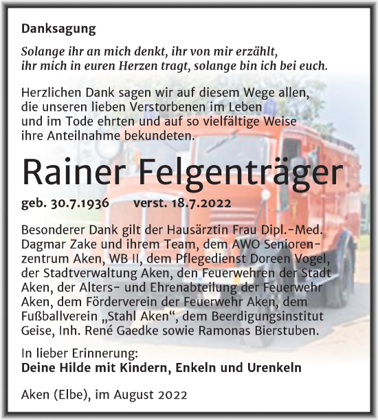 Traueranzeige von Rainer Felgentra von Trauerkombi Köthen