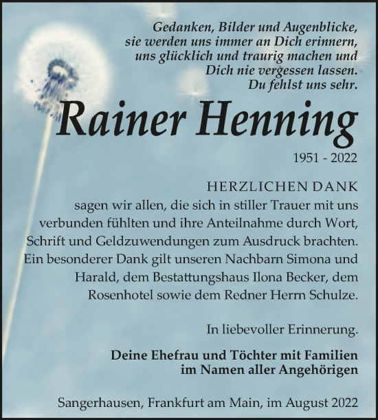 Traueranzeige von Rainer Henning von Trauerkombi Sangerhausen