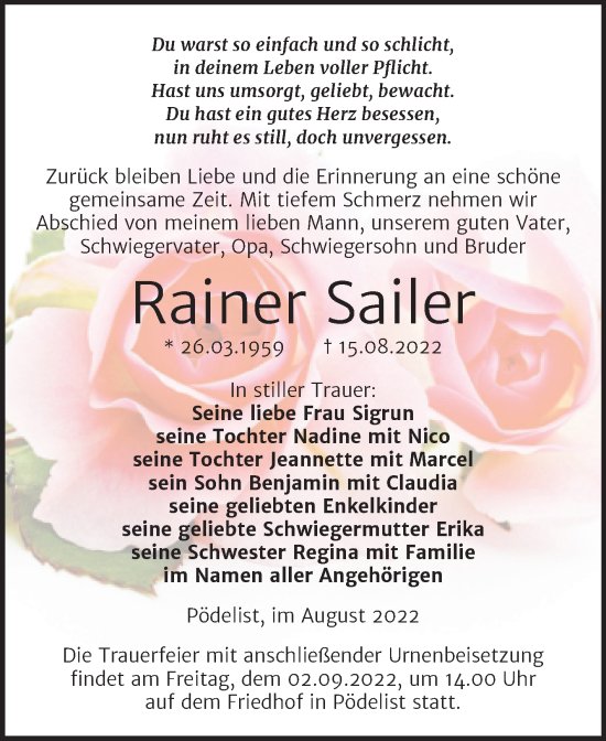 Traueranzeige von Rainer Sailer von Wochenspiegel Naumburg/Nebra