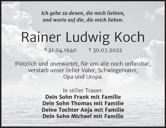 Traueranzeige von Rainer Ludwig Koch von Trauerkombi Mansfelder Land