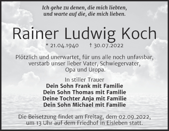 Traueranzeige von Rainer Ludwig Koch von Trauerkombi Mansfelder Land