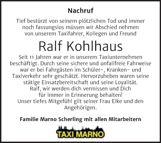 Traueranzeige von Ralf Kohlhaus von Wochenspiegel Naumburg/Nebra