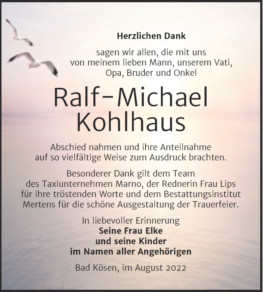  Traueranzeige für Ralf-Michael Kohlhaus vom 31.08.2022 aus Wochenspiegel Naumburg/Nebra