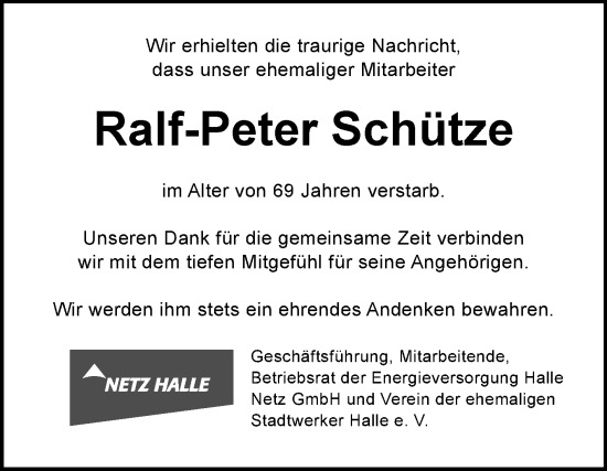 Traueranzeige von Ralf-Peter Schütze von Mitteldeutsche Zeitung Halle/Saalkreis