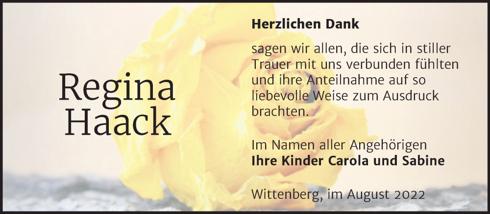  Traueranzeige für Regina Haack vom 20.08.2022 aus Trauerkombi Wittenberg
