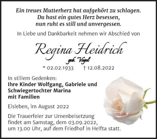 Traueranzeige von Regina Heidrich von Trauerkombi Mansfelder Land