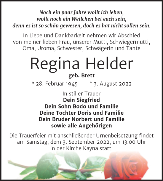 Traueranzeige von Regina Helder von Trauerkombi Wittenberg