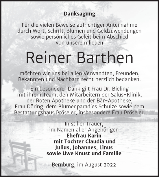 Traueranzeige von Reiner Barthen von Trauerkombi Bernburg