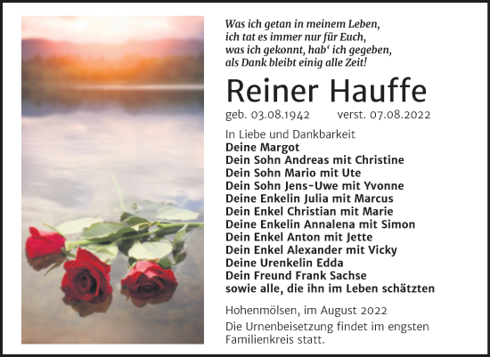 Traueranzeige von Reiner Hauffe von Trauerkombi Zeitz