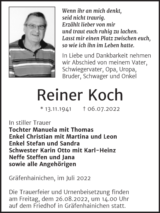 Traueranzeige von Reiner Koch von Trauerkombi Wittenberg