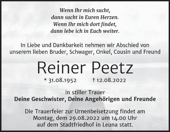 Traueranzeige von Reiner Peetz von Trauerkombi Merseburg