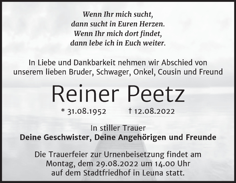  Traueranzeige für Reiner Peetz vom 19.08.2022 aus Trauerkombi Merseburg