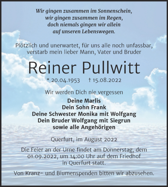 Traueranzeige von Reiner Pullwitt von Trauerkombi Merseburg