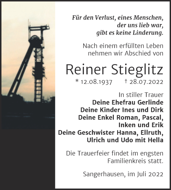 Traueranzeige von Reiner Stieglitz von Trauerkombi Sangerhausen