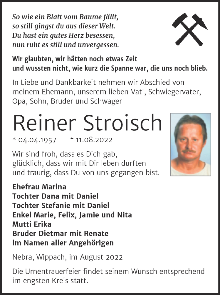  Traueranzeige für Reiner Stroisch vom 17.08.2022 aus Wochenspiegel Naumburg/Nebra