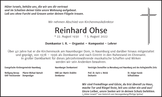 Traueranzeige von Reinhard Ohse von Naumburger Tageblatt
