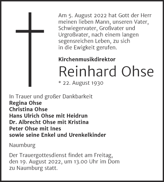 Traueranzeige von Reinhard Ohse von Naumburger Tageblatt