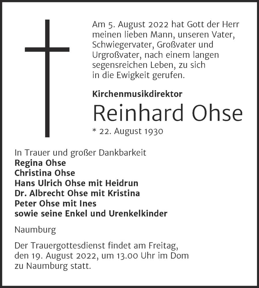  Traueranzeige für Reinhard Ohse vom 13.08.2022 aus Naumburger Tageblatt