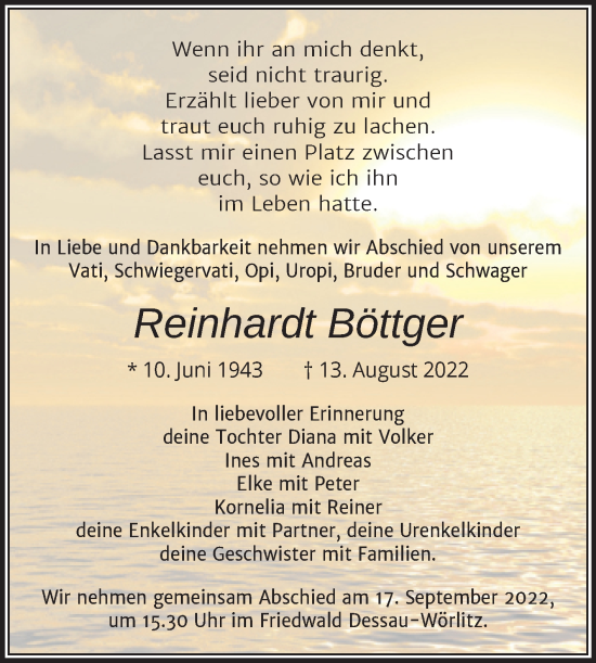 Traueranzeige von Reinhardt Böttger von Trauerkombi Dessau