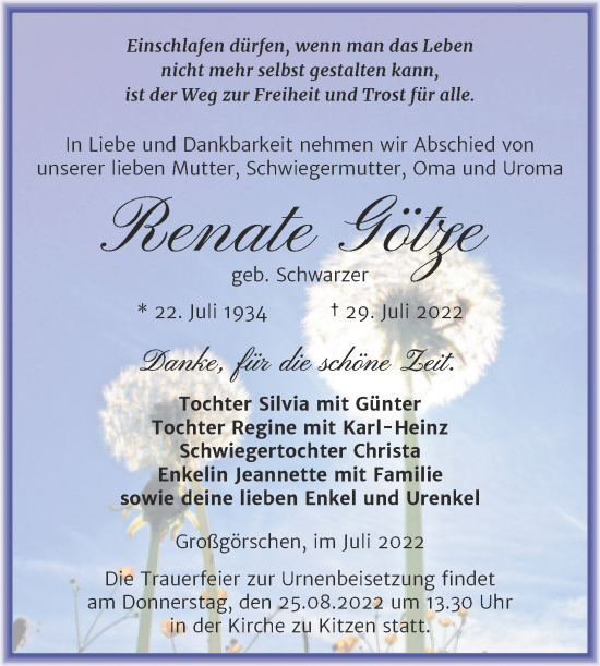 Traueranzeige von Renate Götze von Trauerkombi Weißenfels