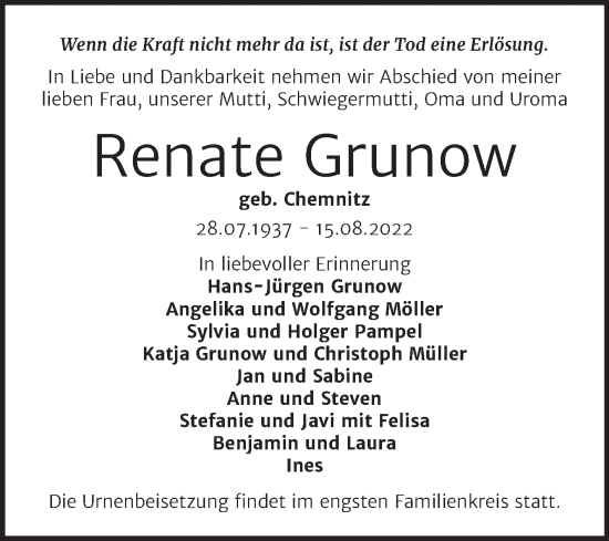Traueranzeige von Renate Grunow von Trauerkombi Sangerhausen