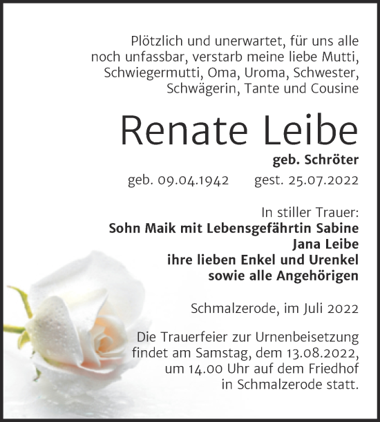 Traueranzeige von Renate Leibe von Trauerkombi Mansfelder Land