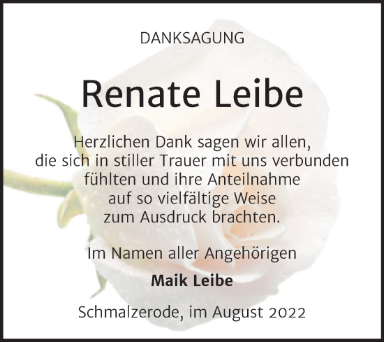 Traueranzeige von Renate Leibe von Trauerkombi Mansfelder Land