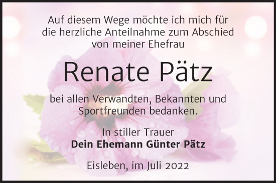 Traueranzeige von Renate Pätz von Trauerkombi Mansfelder Land