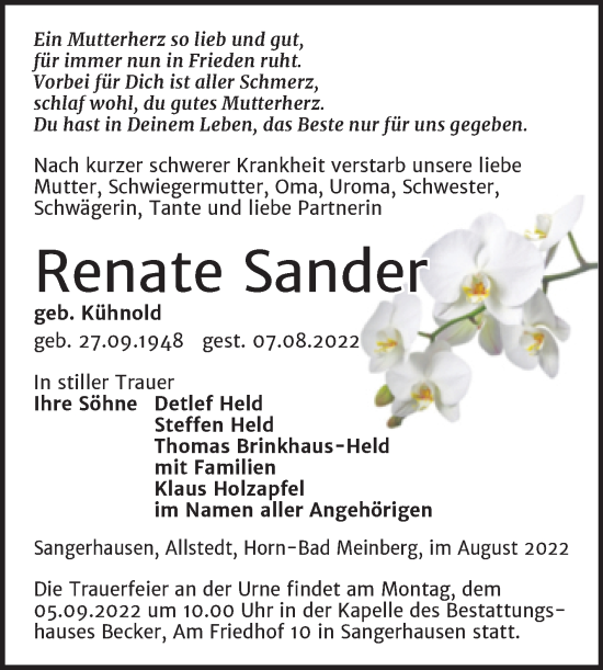 Traueranzeige von Renate Sander von Trauerkombi Sangerhausen