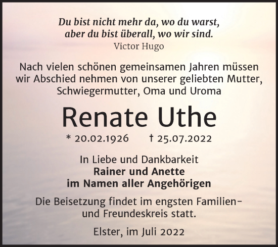 Traueranzeige von Renate Uthe von Trauerkombi Wittenberg