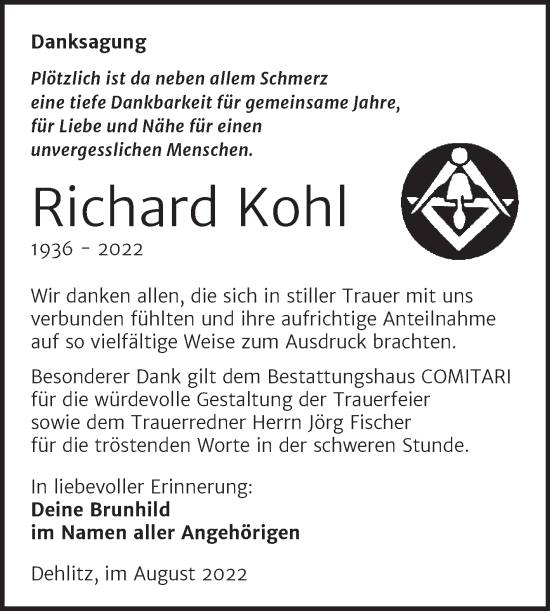 Traueranzeige von Richard Kohl von Trauerkombi Weißenfels