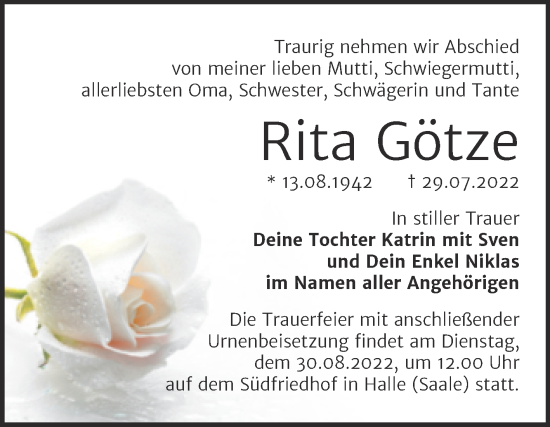 Traueranzeige von Rita Götze von Mitteldeutsche Zeitung Halle/Saalkreis