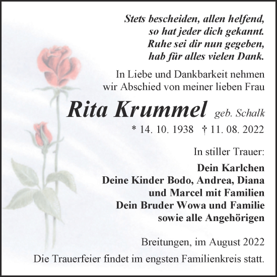Traueranzeige von Rita Krummel von Trauerkombi Sangerhausen