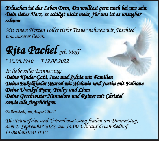 Traueranzeige von Rita Pachel von Trauerkombi Aschersleben