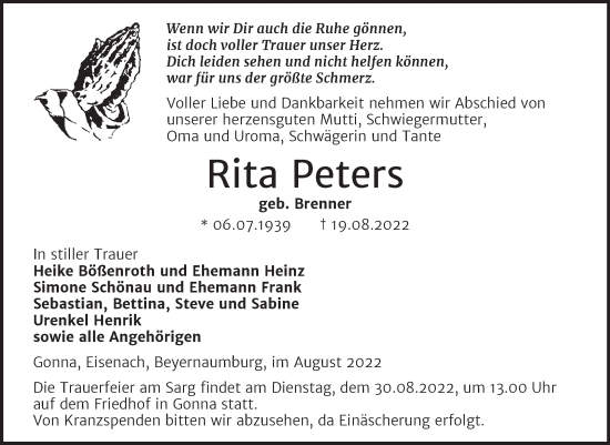 Traueranzeige von Rita Peters von Trauerkombi Sangerhausen