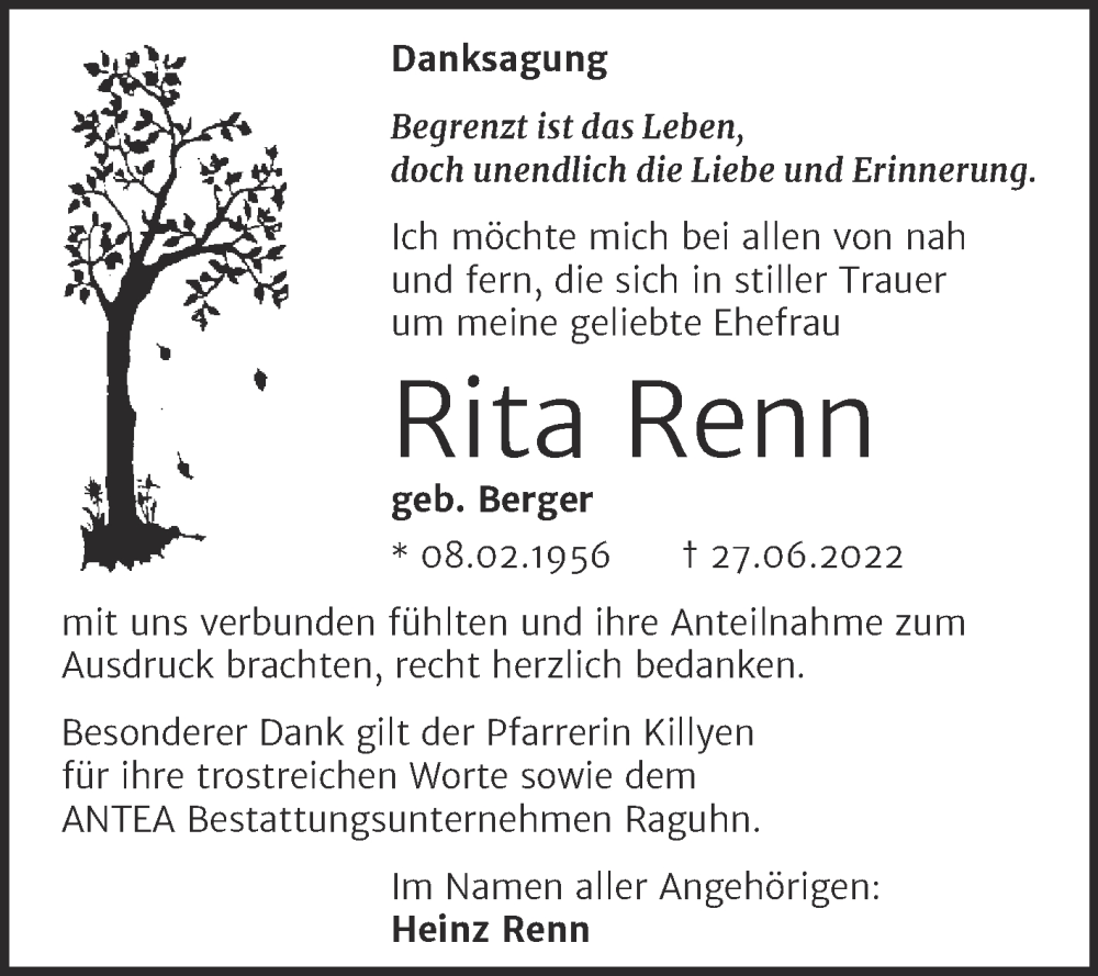  Traueranzeige für Rita Renn vom 06.08.2022 aus Trauerkombi Bitterfeld