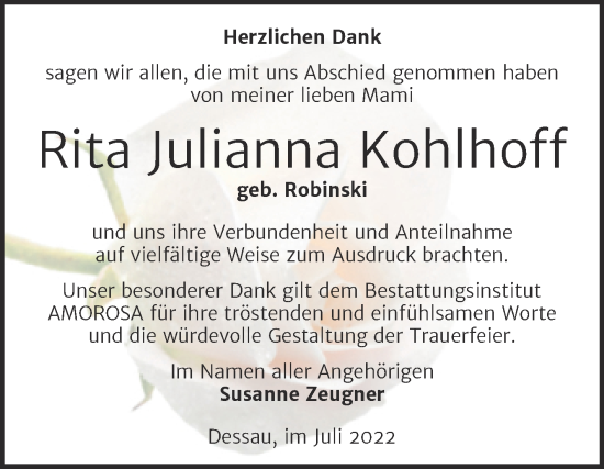 Traueranzeige von Rita Julianna Kohlhoff von Trauerkombi Dessau