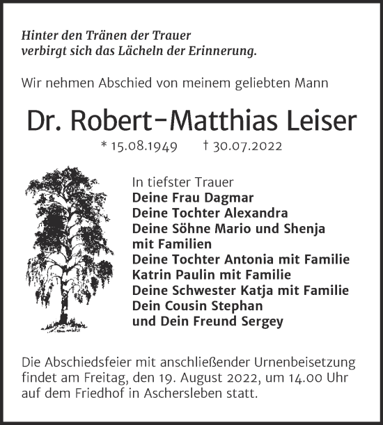 Traueranzeige von Robert-Matthias Leiser von Trauerkombi Aschersleben