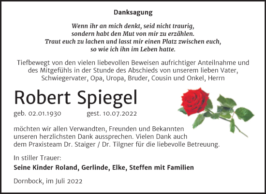 Traueranzeige von Robert Spiegel von Trauerkombi Köthen