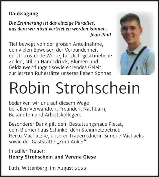 Traueranzeige von Robin Strohschein von Trauerkombi Wittenberg