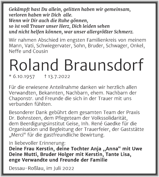Traueranzeige von Roland Braunsdorf von Trauerkombi Dessau