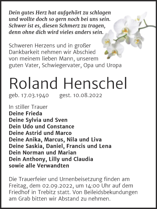 Traueranzeige von Roland Henschel von Trauerkombi Wittenberg