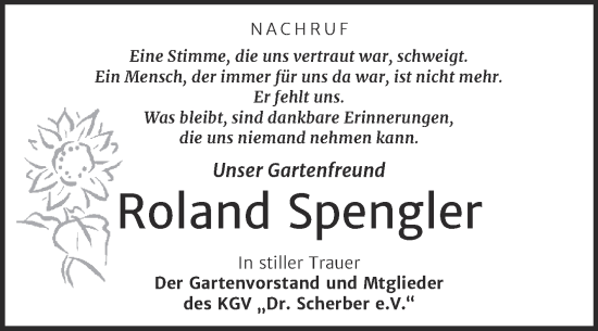Traueranzeige von Roland Spengler von Super Sonntag Dessau-Roßlau