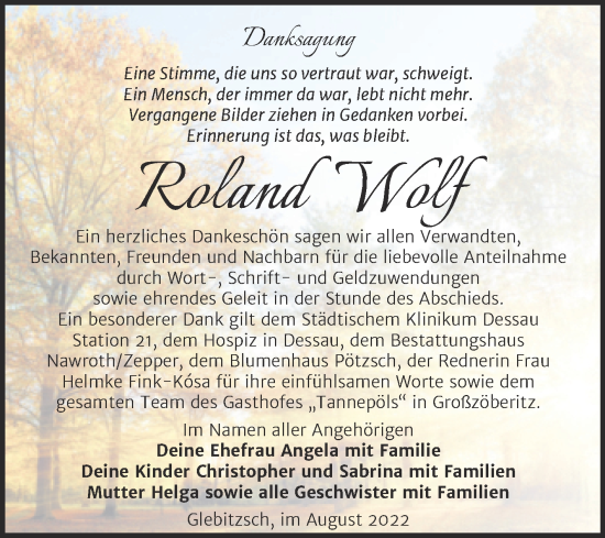 Traueranzeige von Roland Wolf von Trauerkombi Bitterfeld