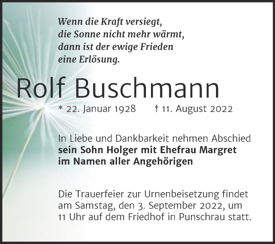 Traueranzeige von Rolf Buschmann von Naumburger Tageblatt