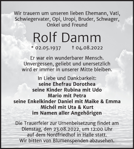 Traueranzeige von Rolf Damm von Mitteldeutsche Zeitung Halle/Saalkreis