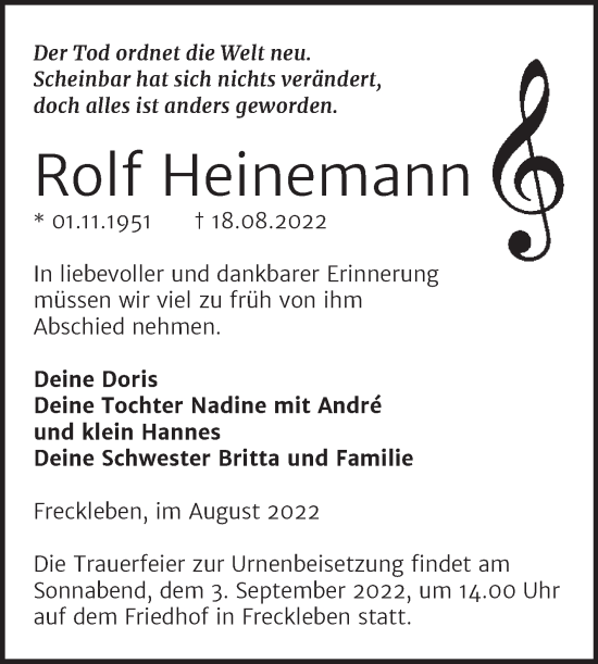 Traueranzeige von Rolf Heinemann von Trauerkombi Aschersleben