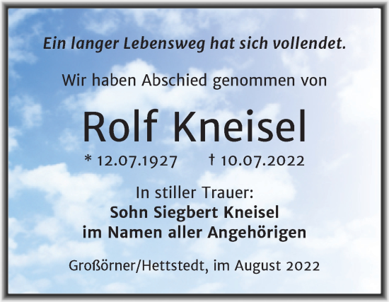 Traueranzeige von Rolf Kneisel von Trauerkombi Mansfelder Land