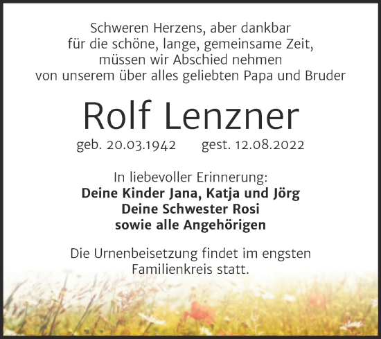 Traueranzeige von Rolf Lenzner von Trauerkombi Mansfelder Land