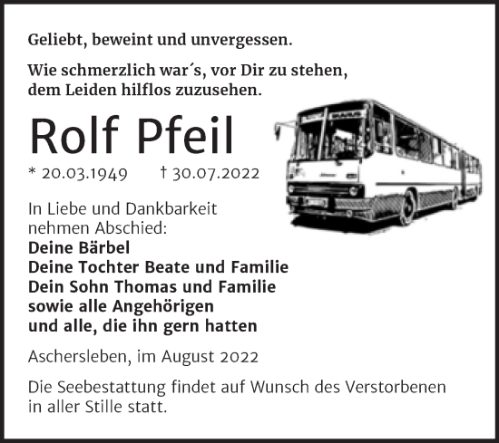 Traueranzeige von Rolf Pfeil von Trauerkombi Aschersleben